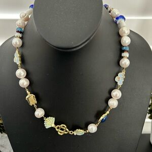 Castablanca Sea Bead & Freshwater Pearl Short Necklace in Gold/Blue